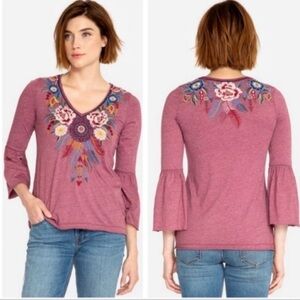 Johnny Was Womens Darielle Flute Sleeve Tee Floral Embroidered Blackberry Medium